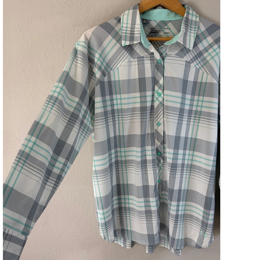 NWT Under Armour Womens Plaid HeatGear Button Down Shirt Large Hiking Sporty - Picture 3 of 8